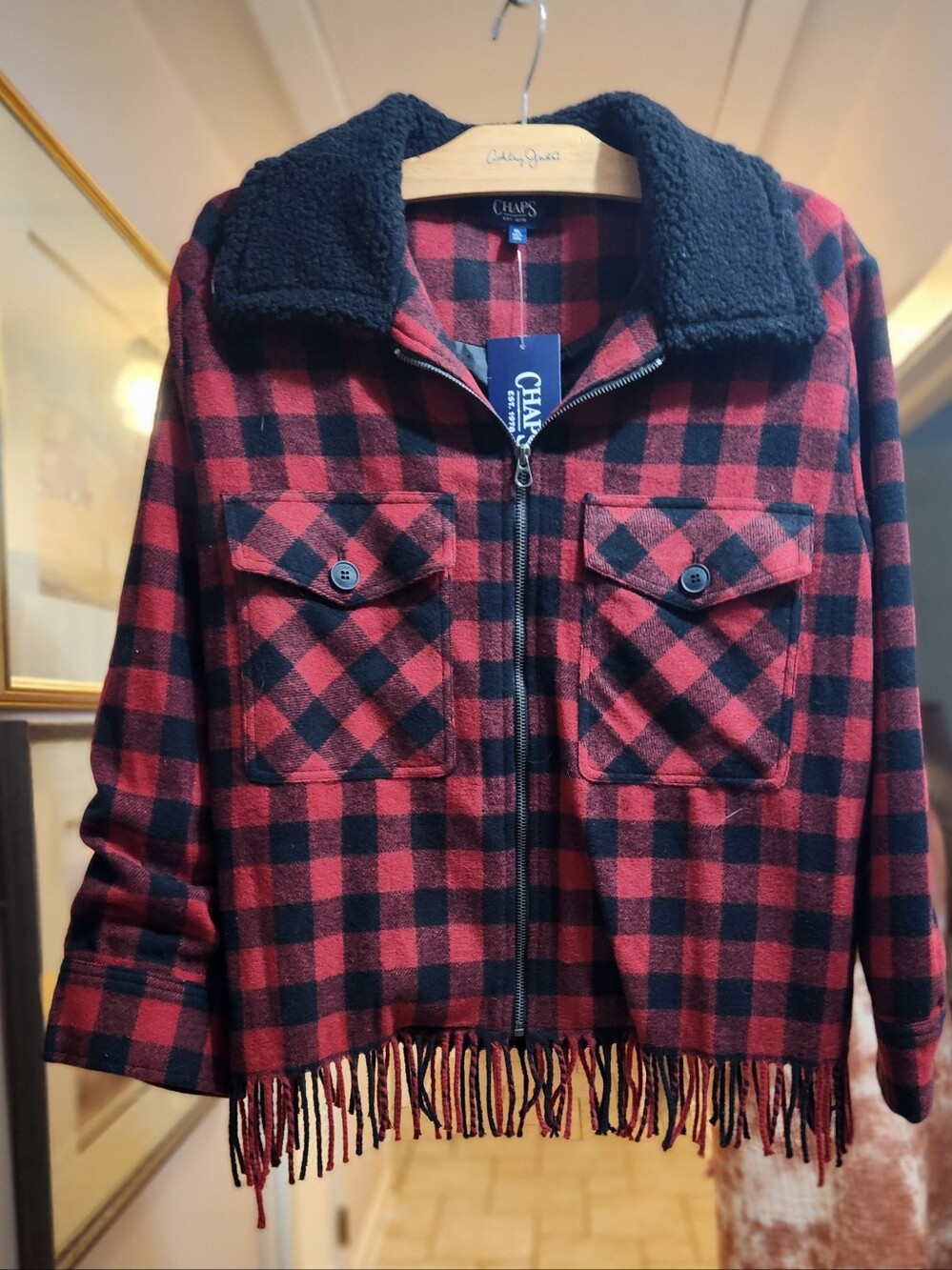 NWT CHAPS Red and Black Plaid Jacket With FRINGE/Sherpa Coller